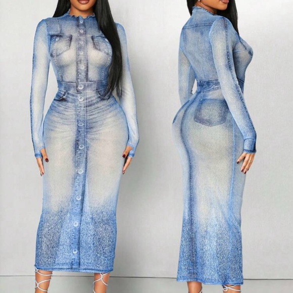 Dresses & Skirts - Stylish Blue sheer denim accented Dress